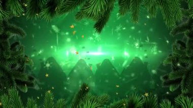 Karla kaplı köknar ağacının animasyonu. Noel, kutlama ve dijital arayüz kavramı dijital olarak oluşturulmuş video.