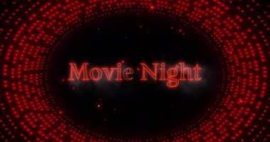 Kırmızı ışıklı noktaların oval desenleri üzerine kırmızı neonlu film gecesi metninin animasyonu. Geçmişe dönük, soyut arkaplan ve dijital arayüz kavramı dijital olarak oluşturulmuş video.