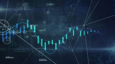 Karanlık arka planda istatistik ve dijital veri işleme animasyonu. Dijital olarak oluşturulmuş küresel bağlantılar, veri işleme, hesaplama ve çevrimiçi güvenlik kavramı.