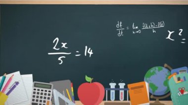 Matematiksel denklemin okul malzemeleriyle yeniden canlandırılması. Dijital olarak üretilmiş, hologram, küreselleşme, kırtasiye, toplamlar, yiyecek, bilim ve teknoloji konsepti.