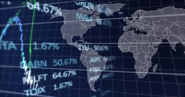 Donanma arkaplanındaki dünya haritasında finansal verilerin ve grafiğin animasyonu. Küresel finans, ekonomi ve teknoloji kavramı dijital olarak üretilen video.
