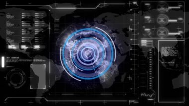 Mavi arka planda tarama, sayılar ve veri işleme animasyonları. Dijital olarak oluşturulmuş küresel çevrimiçi güvenlik, bağlantılar, ağlar ve veri işleme kavramı.