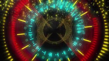 Siyah zemin üzerinde hareket eden yanıp sönen kırmızı ve sarı ışık desenlerinin animasyonu. Soyut arkaplan ve dijital arayüz kavramı dijital olarak oluşturulmuş video.