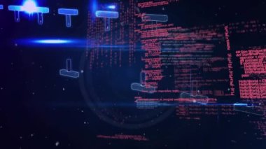 Lens parlamasının canlandırılması, programlama dili ve siyah arkaplana karşı aydınlatılmış DNA sarmalı. Dijital olarak üretilmiş, hologram, ışık, araştırma, genetik, sağlık ve teknoloji kavramı.