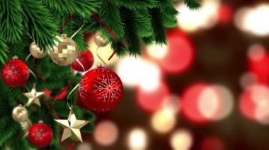 Noel ağacı ve dekorasyonun üzerine yağan kar animasyonu. Noel, şenlik, kutlama ve gelenek konsepti dijital olarak oluşturuldu.