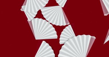 Kırmızı arka planda Çin Yeni Yıl fan modelinin animasyonu. Dijital olarak üretilen videoyu kavra. Çin yeni yılı, şenlik, kutlama ve geleneksel konsept dijital olarak oluşturulmuş video.