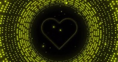 Parlayan sarı ışık deseni üzerinde neon kalp animasyonu. Geçmişe dönük, soyut arkaplan ve dijital arayüz kavramı dijital olarak oluşturulmuş video.