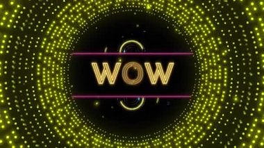 Yanıp sönen sarı ışık deseni üzerinde wow metni animasyonu. Geçmişe dönük, soyut arkaplan ve dijital arayüz kavramı dijital olarak oluşturulmuş video.