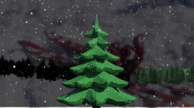 Yılbaşı ağacı ve kış manzarasının üzerine yağan karın animasyonu. Noel, gelenek ve kutlama konsepti dijital olarak oluşturuldu.