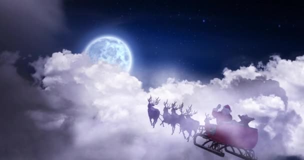 Animacja Świętego Mikołaja Saniach Reniferami Nad Chmurami Pełnią Księżyca Boże — Wideo stockowe