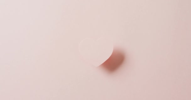淡いピンクの背景にピンク色のハートと影の隆起したビデオのオーバーヘッドは コピースペースで バレンタインデー ロマンス 愛とお祝いのコンセプト — ストック動画