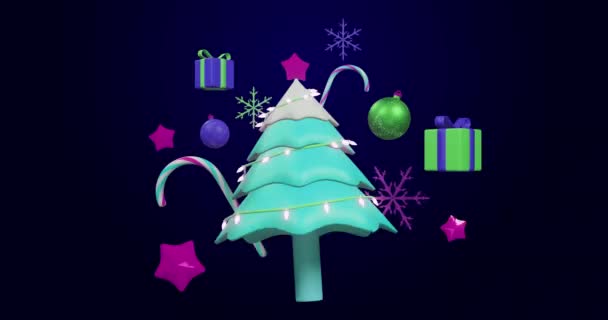 Animație Bradul Crăciun Decorațiuni Fundal Negru Crăciun Festivitate Sărbătoare Concept — Videoclip de stoc