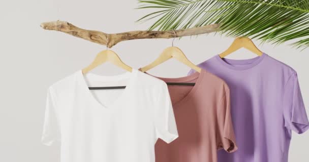 米黄色和紫色T恤衫在白色背景上挂在树枝上的特写视频 质地和材料概念 — 图库视频影像