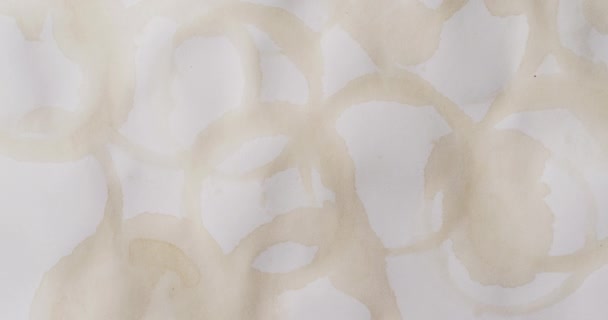 在白色背景上贴有圆形咖啡杯污迹的纸片的特写视频 纹理和材料概念 — 图库视频影像