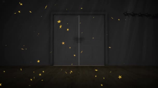 Анимация Звезд Санта Клауса Санях Северным Оленем Над Дверью Рождество — стоковое видео