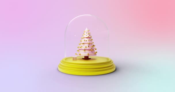 Animation Der Schneekugel Mit Rotierendem Weihnachtsbaum Und Geschenken Auf Rosa — Stockvideo