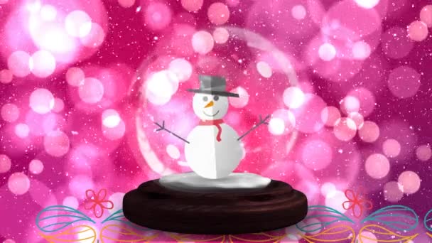ピンクの背景に雪だるまと雪の地球上の雪の落下や光のスポットのアニメーション クリスマス お祝いのコンセプトデジタル生成ビデオ — ストック動画