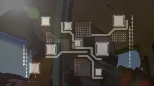 Animação Conexões Processamento Dados Sobre Mulher Usando Smartphone Ônibus Conexões — Vídeo de Stock