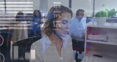 Ofiste kulaklık takarak konuşan beyaz kadın üzerine bilgi arayüzü animasyonu. Dijital bileşik, çoklu pozlama, veritabanı, rapor, finans, iletişim ve teknoloji kavramı.