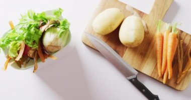 Bıçak ve sebzelerin doğrama tahtasındaki videosu, gübreleme için poşet içinde sebze atıkları. Ekoloji, geri dönüşüm, bakım ve doğa konsepti.