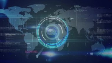 Mavi arka planda tarama, sayılar ve veri işleme animasyonları. Dijital olarak oluşturulmuş küresel çevrimiçi güvenlik, bağlantılar, ağlar ve veri işleme kavramı.