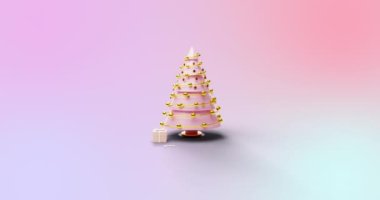 Dönen Noel ağacının animasyonu ve gradyan pembe arka planda sunulan hediyeler. Noel, şenlik, kutlama ve gelenek konsepti dijital olarak oluşturuldu.