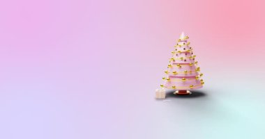 Dönen Noel ağacının animasyonu ve gradyan pembe arka planda sunulan hediyeler. Noel, şenlik, kutlama ve gelenek konsepti dijital olarak oluşturuldu.