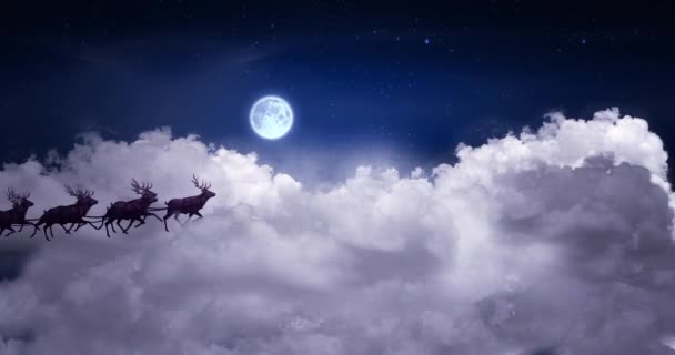 Анимация Рождественского Санта Клауса Санях Северным Оленем Над Облаками Полнолунием — стоковое видео