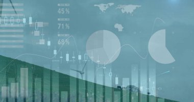 Kırsal bölgelerde hareket eden rüzgar türbinleri ve borsa grafiği giderek azalıyor. Küresel çevre sorunları ve dijital olarak üretilen imaj geliştirme kavramı.