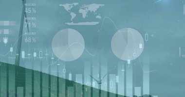 Kırsal bölgelerde hareket eden rüzgar türbinleri ve borsa grafiği giderek azalıyor. Küresel çevre sorunları ve dijital olarak üretilen imaj geliştirme kavramı.