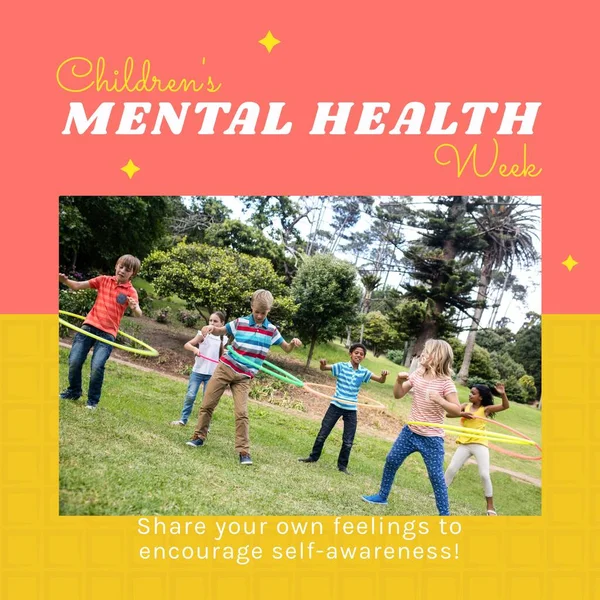 Composition of children\'s mental health week text and children playing in park. Children\'s mental health week, childhood and mental health awareness concept digitally generated image.