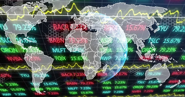 Image Stock Market Data Processing World Map Globe Black Background — Stock Photo, Image