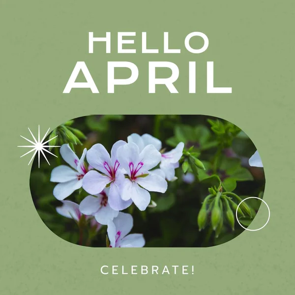 Skład Hello April Tekst Nad Kwiatami Zielonym Tle Witaj Koncepcji — Zdjęcie stockowe