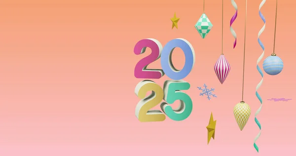 Imagem 2025 Número Sobre Ano Novo Decorações Natal Fundo Rosa — Fotografia de Stock