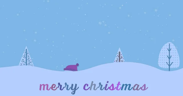 青い背景にクリスマスの挨拶のテキストに落ちる雪の複合体 クリスマス お祭り お祝い 伝統的なコンセプトデジタル生成画像 — ストック写真
