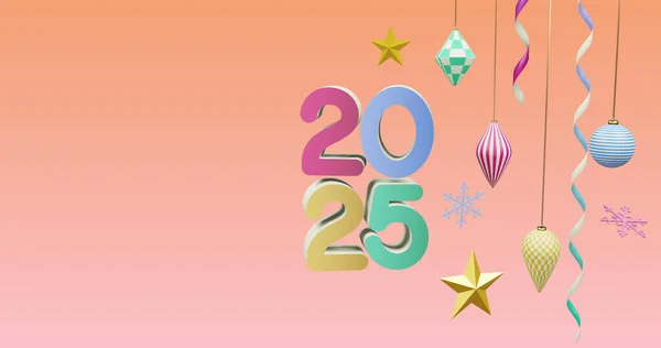 Yeni Yılda 2025 Numara Pembe Arka Planda Noel Süslemeleri Yeni — Stok fotoğraf