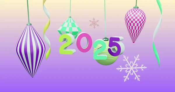 紫の背景に新しい年とクリスマスの装飾上の2025番号の画像 大晦日 お祝いやお祭りのコンセプトデジタル生成されたイメージ — ストック写真