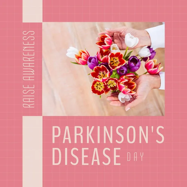 Skład Dnia Świadomości Parkinsona Tulipany Różowym Tle Dzień Świadomości Parkinsona — Zdjęcie stockowe