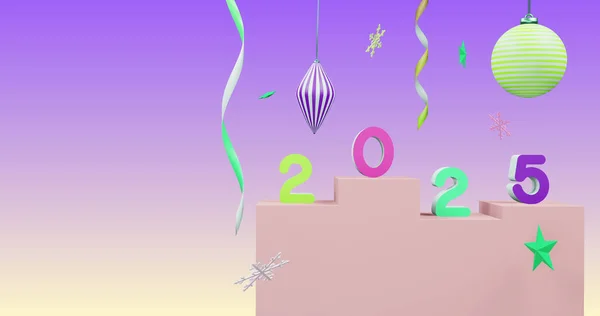 图为2025年的新年数字和紫色背景的圣诞装饰 新年前夕 庆祝和节日的概念数码生成的形象 — 图库照片