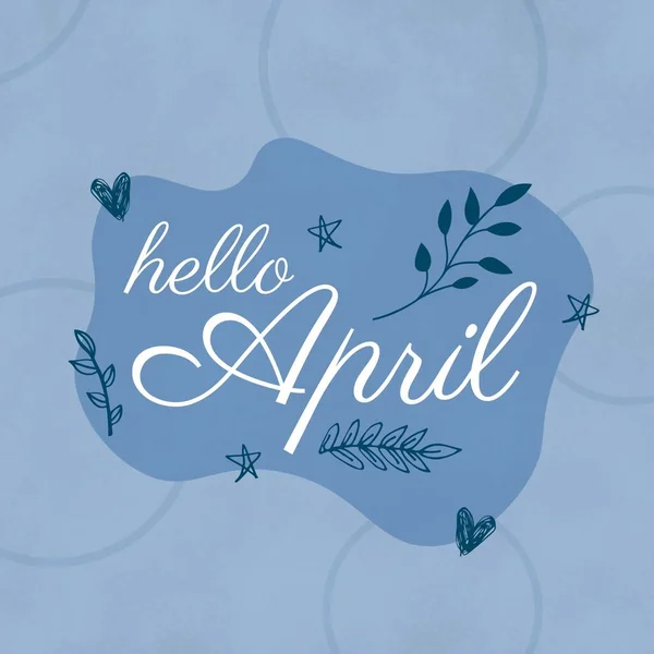 Samenstelling Van Hallo April Tekst Bloemen Blauwe Achtergrond Hallo April — Stockfoto