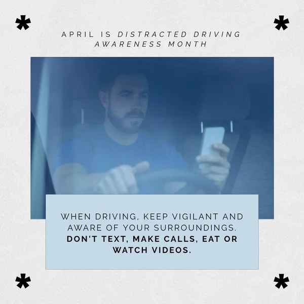Composition of distracted driving awareness month text over caucasian man using smartphone in car. Distracted driving awareness month and celebration concept digitally generated image.