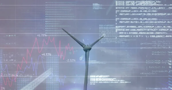 Image Wind Turbine Turning Data Processing Stock Exchange Graph Increasing — Stock Photo, Image