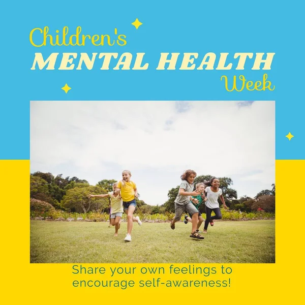 Composition of children\'s mental health week text and children running in park. Children\'s mental health week, childhood and mental health awareness concept digitally generated image.