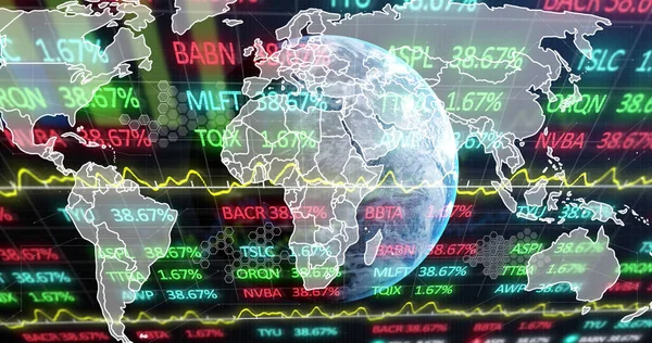 Bild Der Börsen Und Datenverarbeitung Mit Weltkarte Und Globus Auf — Stockfoto