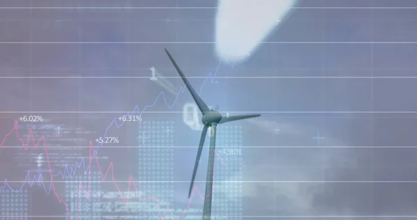 Image Wind Turbine Turning Data Processing Stock Exchange Graph Increasing — Stock Photo, Image