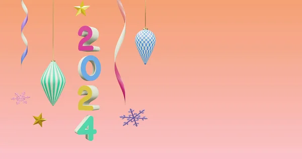 Afbeelding Van 2024 Nummer Nieuwjaar Kerst Decoraties Roze Achtergrond Nieuwjaarsavond — Stockfoto