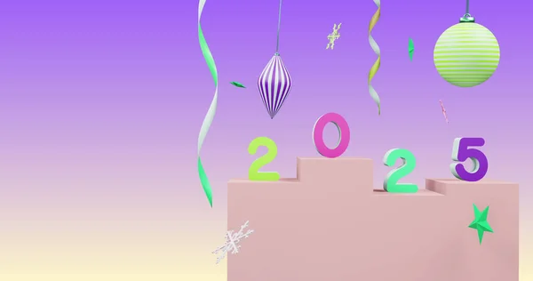 Kuva 2025 Numero Yli Uuden Vuoden Joulukoristeet Violetti Tausta Uudenvuodenaatto — kuvapankkivalokuva