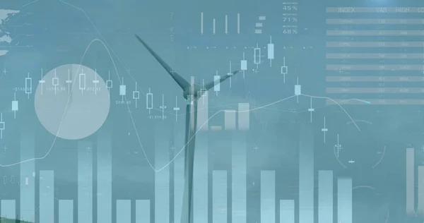 Image Wind Turbines Moving Countryside Stock Exchange Graph Increasing Decreasing — Stock Photo, Image