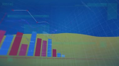 Mavi arkaplanda veri işleme animasyonu. küresel teknoloji, bilgisayar ve dijital arayüz kavramı dijital olarak oluşturulmuş video.