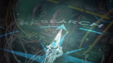 Bilgisayar sunucusunda dönen pusula animasyonu. Dijital olarak oluşturulmuş küresel araştırma, bilgisayar ve veri işleme kavramı.